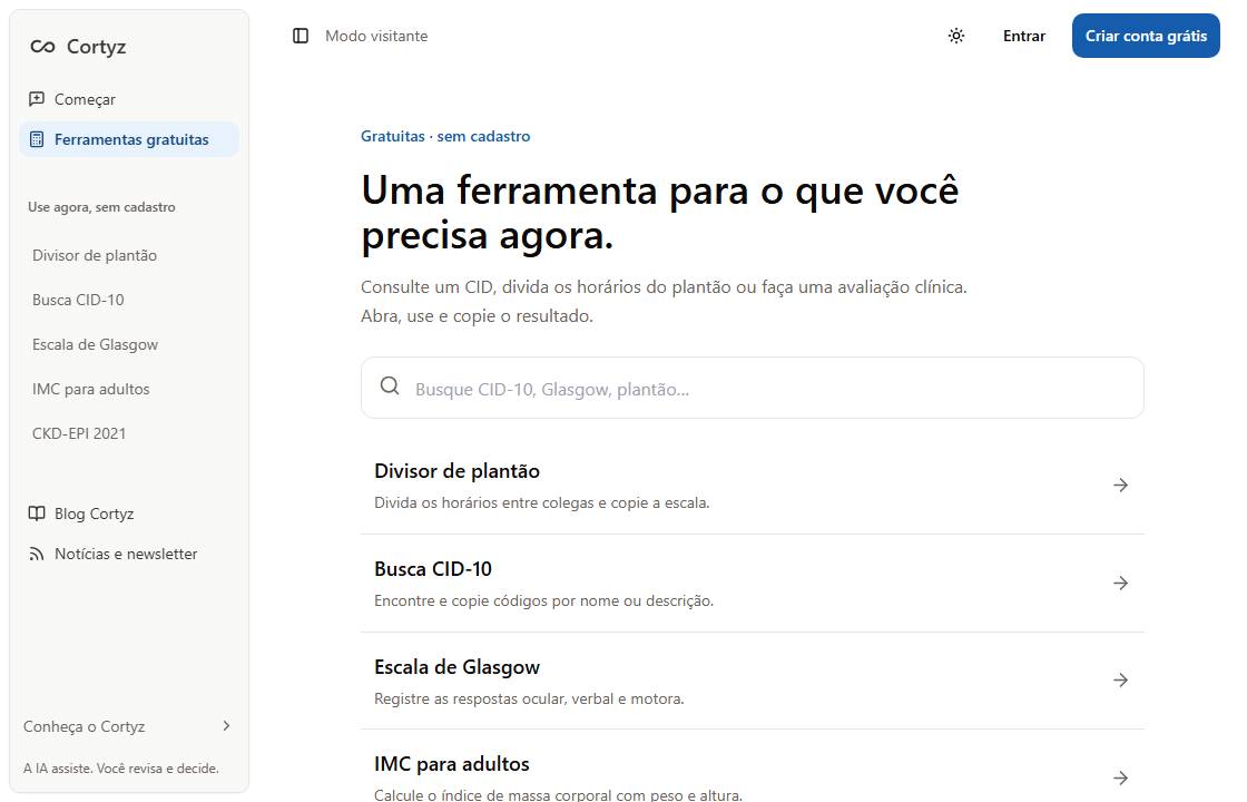 Catálogo de ferramentas gratuitas do Cortyz com divisor de plantão, CID-10 e avaliações clínicas.